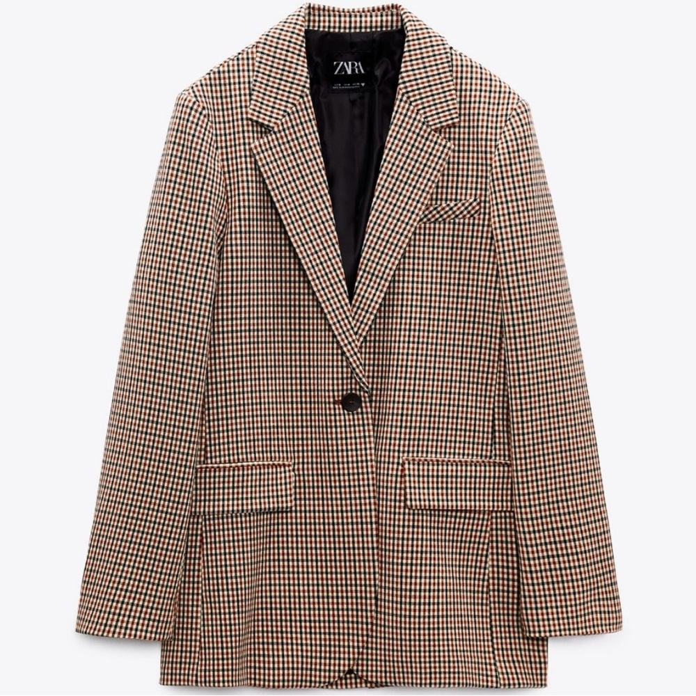ZARA Brown/Black Check 4-Way Stretch One-Button Blazer S